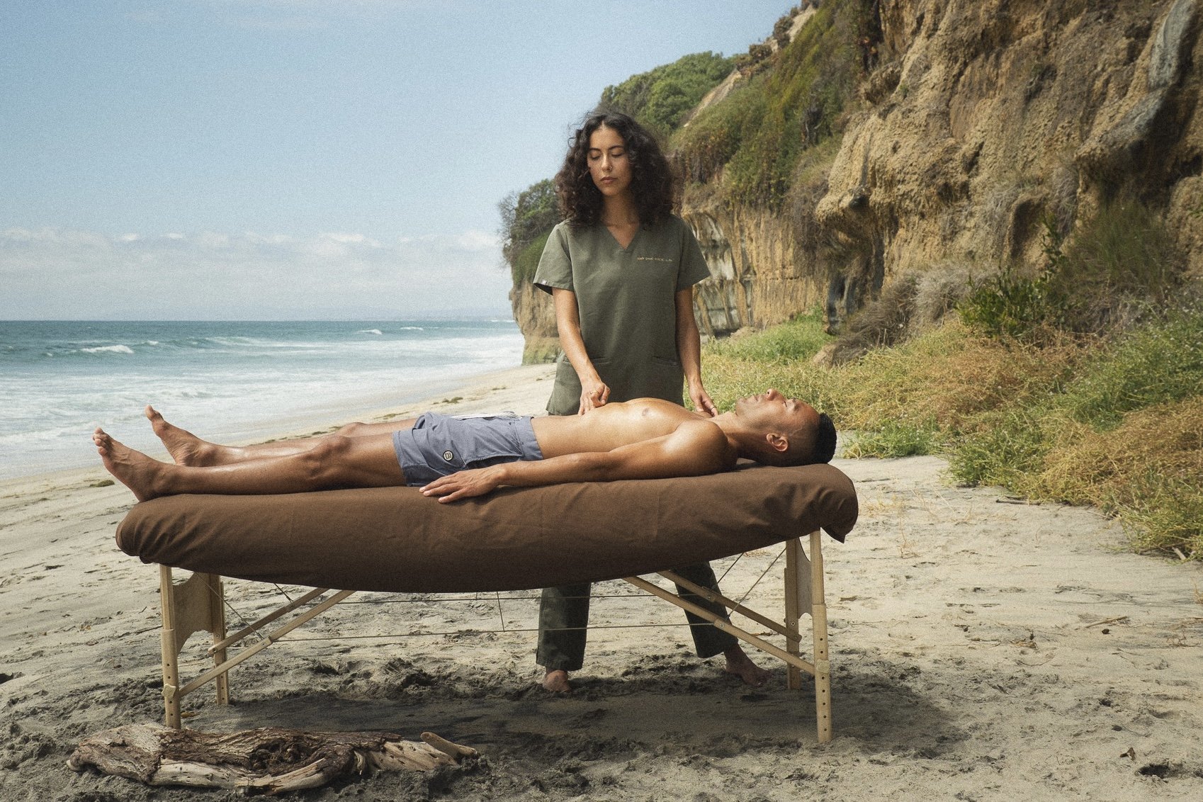 A quiet acupuncture treatment moment by the coast